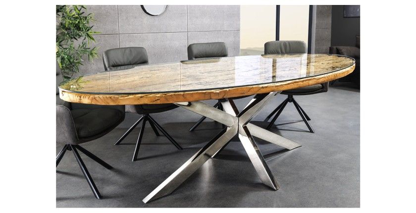 Table RAFTA 220cm avec plateau en teck et sur-plateau en verre mise en situation