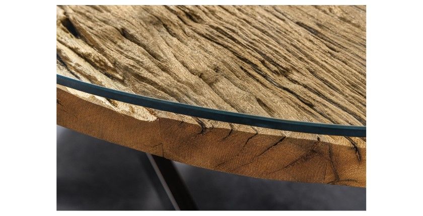 Zoom sur le plateau de la table RAFTA 220cm avec plateau en teck et sur-plateau en verre