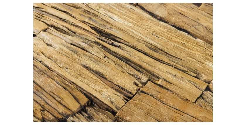 Zoom sur le plateau en bois de teck de la table RAFTA 220cm avec plateau en teck et sur-plateau en verre