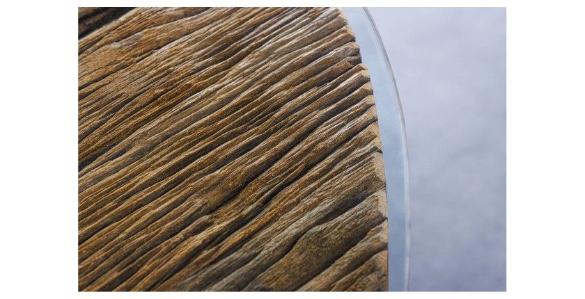 Zoom sur le plateau vu de dessous de la table RAFTA 220cm avec plateau en teck et sur-plateau en verre