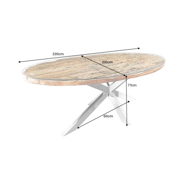 Dimensions de la table RAFTA 220cm avec plateau en teck et sur-plateau en verre