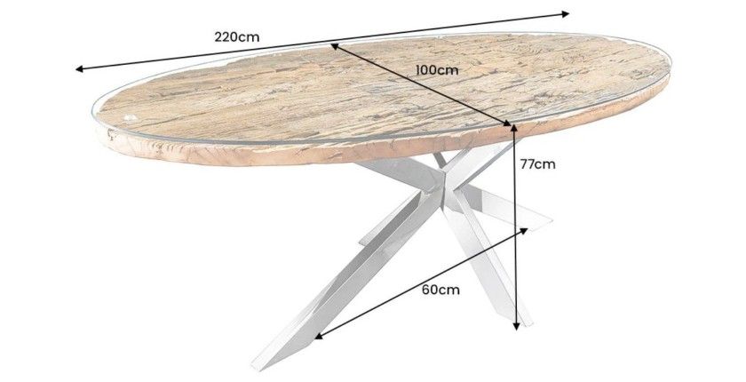 Dimensions de la table RAFTA 220cm avec plateau en teck et sur-plateau en verre