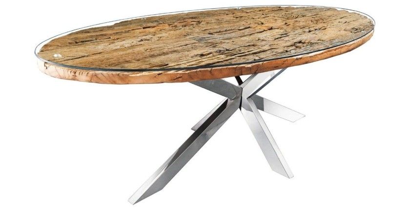 Table RAFTA 220cm avec plateau en teck et sur-plateau en verre