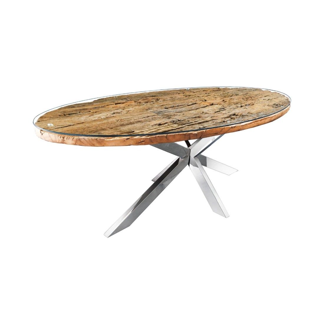 Table RAFTA 220cm avec plateau en teck et sur-plateau en verre