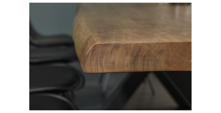 Table de salle à manger ARKAYA 240 cm – Plateau en bois massif d’acacia verni et pieds en métal noir en X