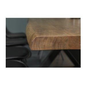 Table de salle à manger ARKAYA 240 cm – Plateau en bois massif d’acacia verni et pieds en métal noir en X