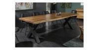 Table de salle à manger ARKAYA 240 cm – Plateau en bois massif d’acacia verni et pieds en métal noir en X