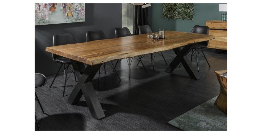 Table de salle à manger ARKAYA 240 cm – Plateau en bois massif d’acacia verni et pieds en métal noir en X