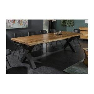 Table de salle à manger ARKAYA 240 cm – Plateau en bois massif d’acacia verni et pieds en métal noir en X