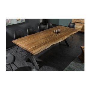 Table de salle à manger ARKAYA 240 cm – Plateau en bois massif d’acacia verni et pieds en métal noir en X