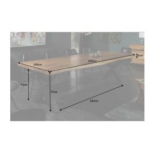 Table de salle à manger ARKAYA 240 cm – Plateau en bois massif d’acacia verni et pieds en métal noir en X