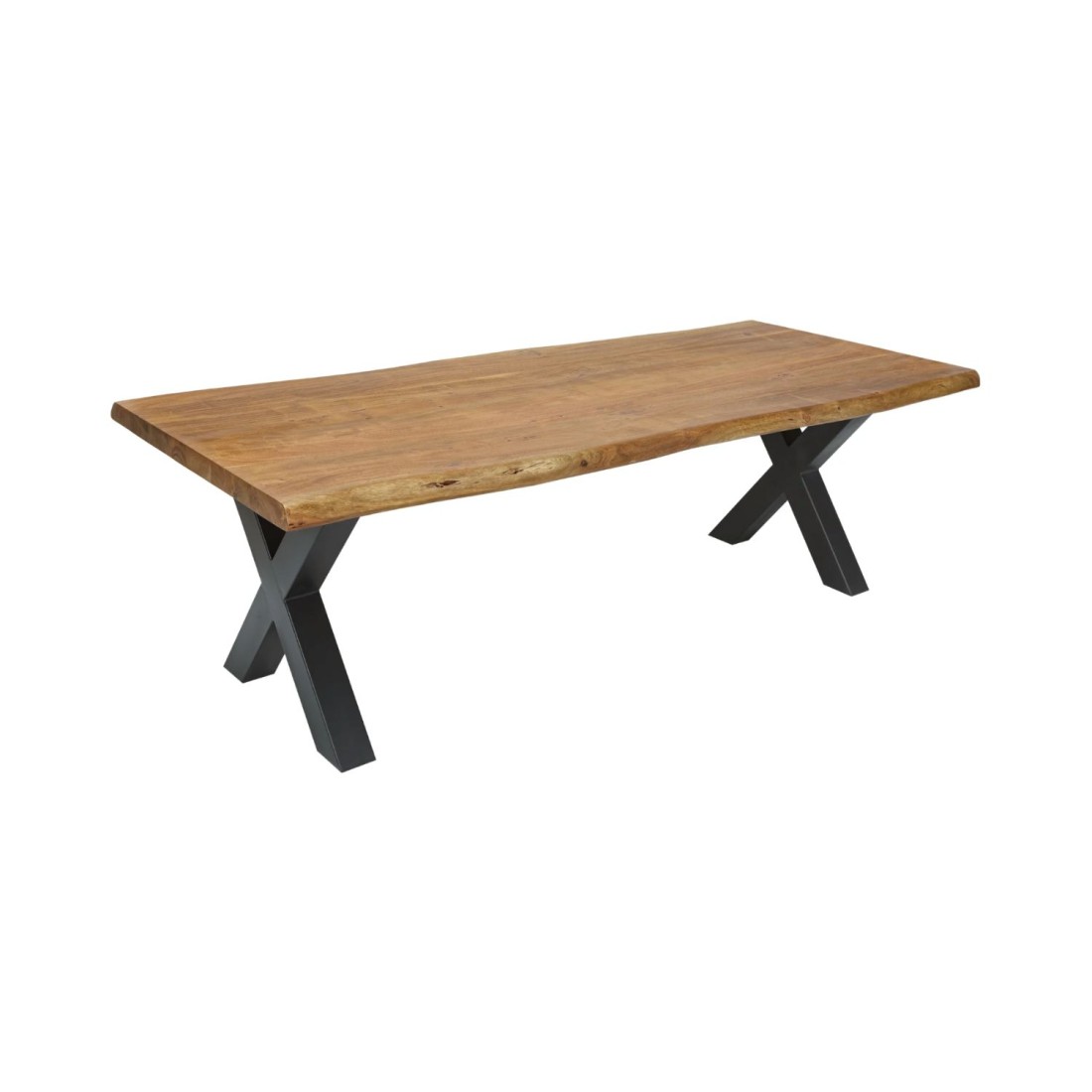 Table de salle à manger ARKAYA 240 cm – Plateau en bois massif d’acacia verni et pieds en métal noir en X