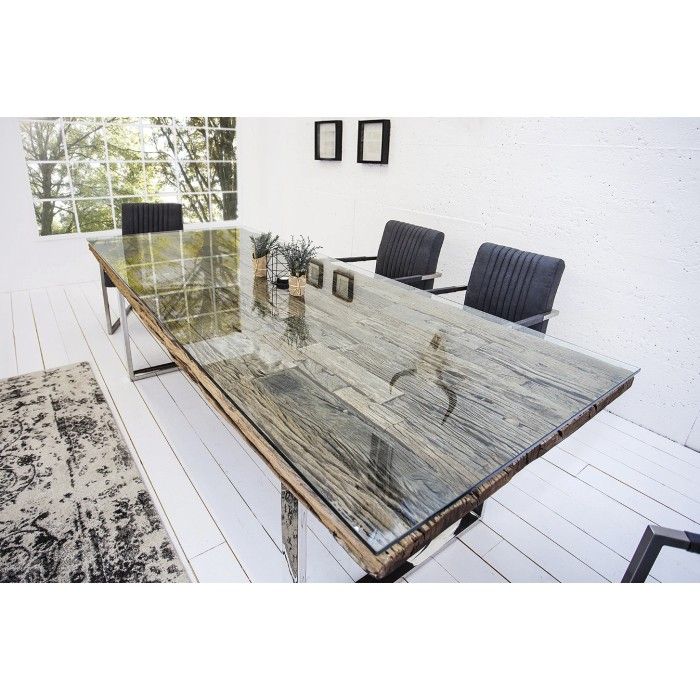 Eettafel RAFTA 180 cm - Blad van gerecycled hout en gehard glas, metalen structuur