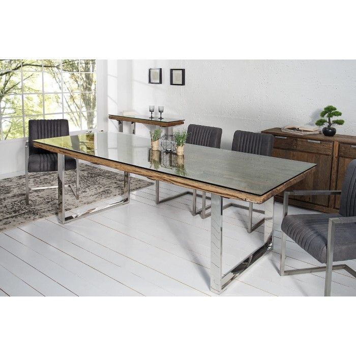 Eettafel RAFTA 180 cm - Blad van gerecycled hout en gehard glas, metalen structuur