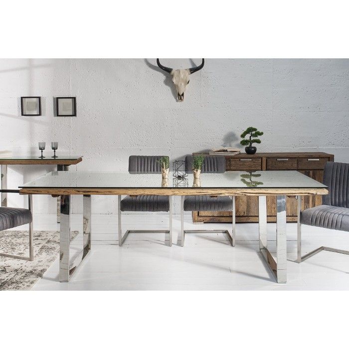 Eettafel RAFTA 180 cm - Blad van gerecycled hout en gehard glas, metalen structuur