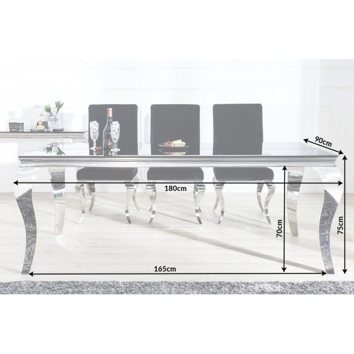 Tavolo da pranzo VELENA 180 cm – Piano in vetro nero e struttura in acciaio argentato lucido