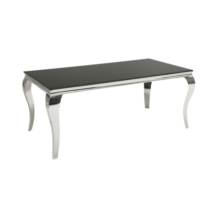 Tavolo da pranzo VELENA 180 cm – Piano in vetro nero e struttura in acciaio argentato lucido