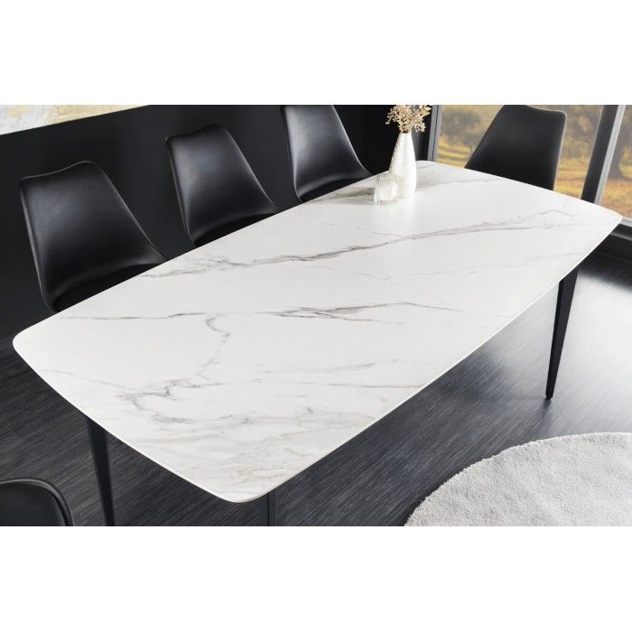 Eettafel HEXA 180 cm - Blad van keramiek met wit marmer effect en structuur van zwart metaal