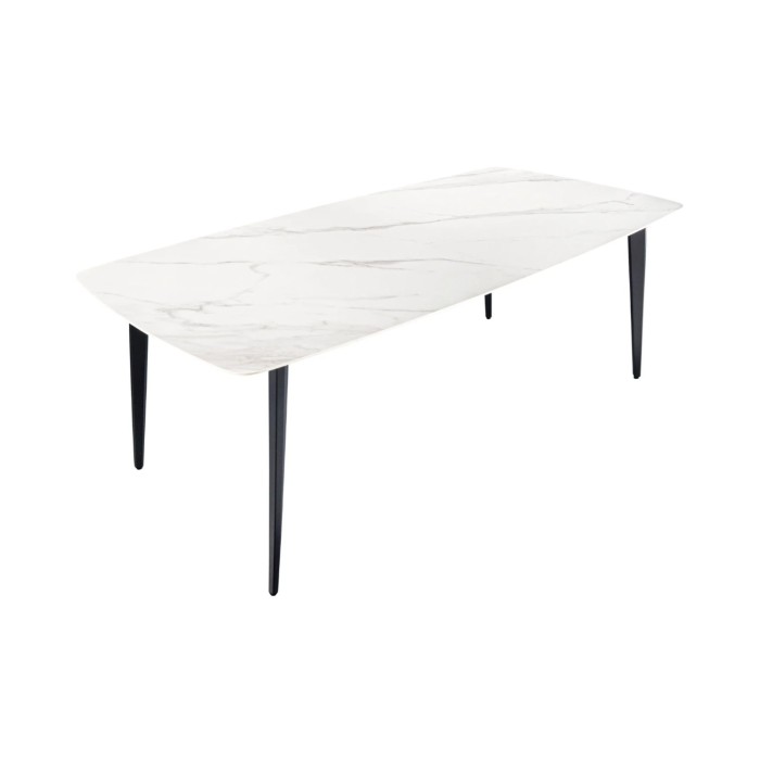 Eettafel HEXA 180 cm - Blad van keramiek met wit marmer effect en structuur van zwart metaal