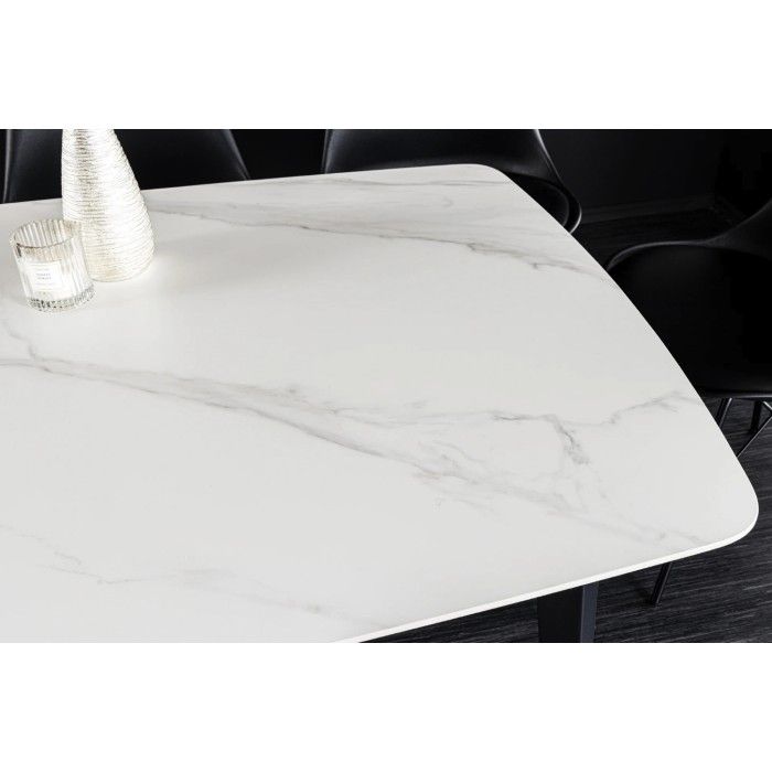 Eettafel HEXA 180 cm - Blad van keramiek met wit marmer effect en structuur van zwart metaal