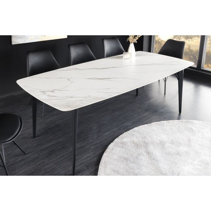 Eettafel HEXA 180 cm - Blad van keramiek met wit marmer effect en structuur van zwart metaal