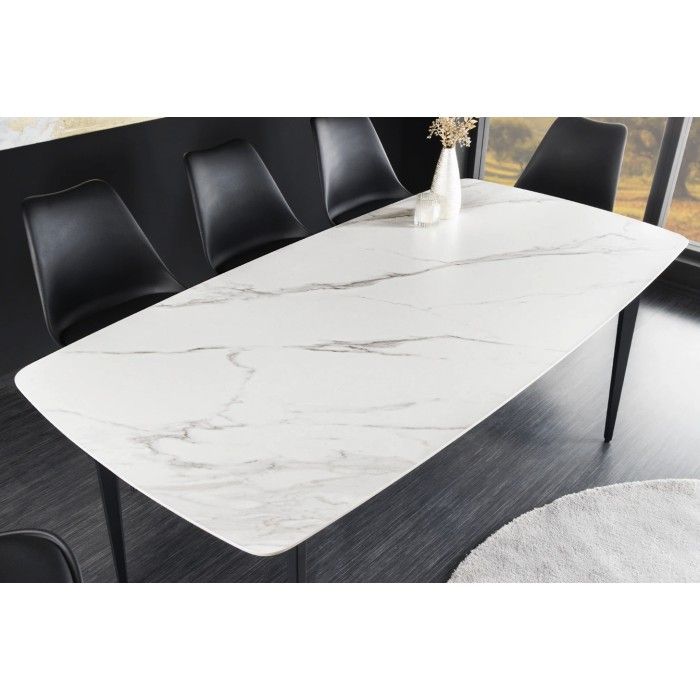 Eettafel HEXA 160 cm - Blad van wit marmer-effect keramiek en zwarte metalen structuur