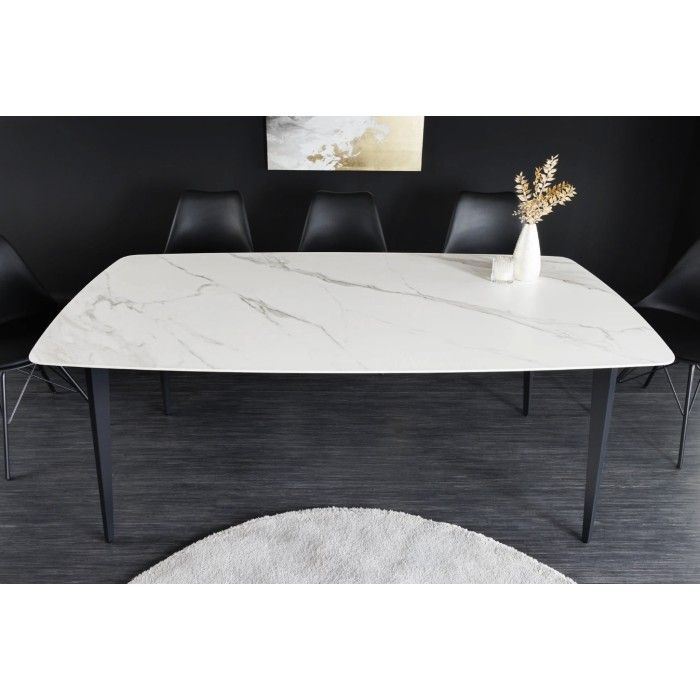 Eettafel HEXA 160 cm - Blad van wit marmer-effect keramiek en zwarte metalen structuur