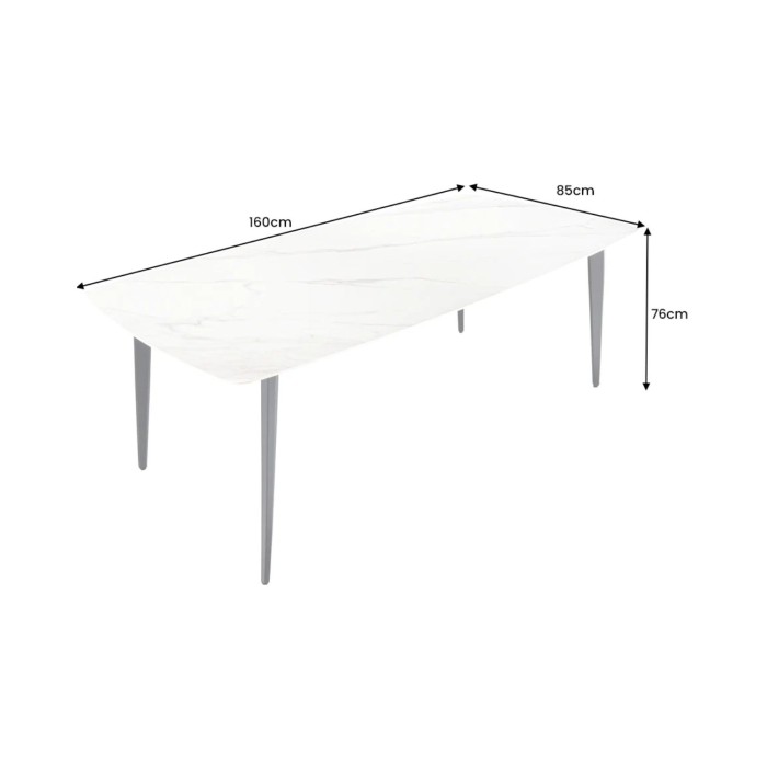 Eettafel HEXA 160 cm - Blad van wit marmer-effect keramiek en zwarte metalen structuur