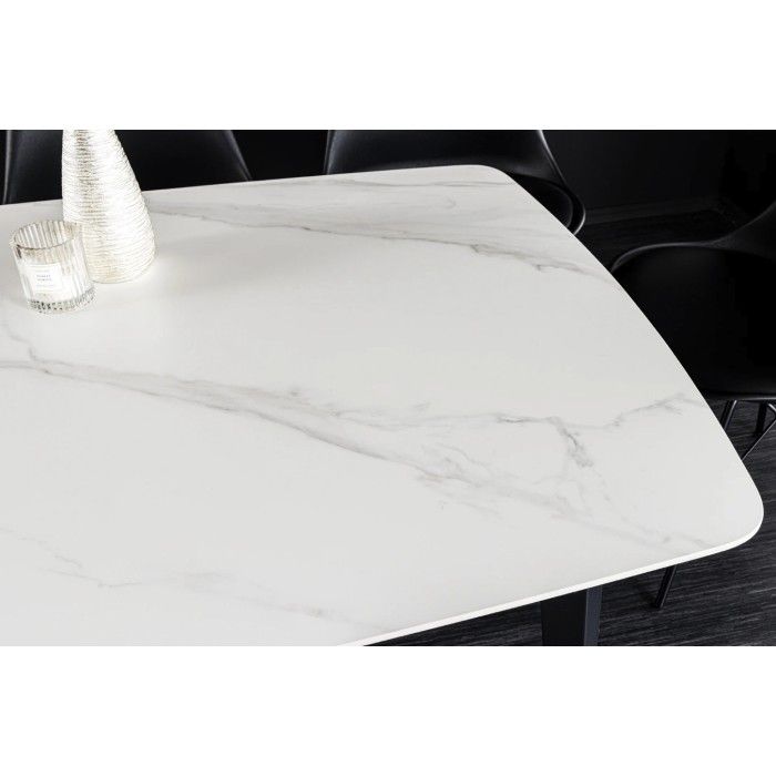 Eettafel HEXA 160 cm - Blad van wit marmer-effect keramiek en zwarte metalen structuur