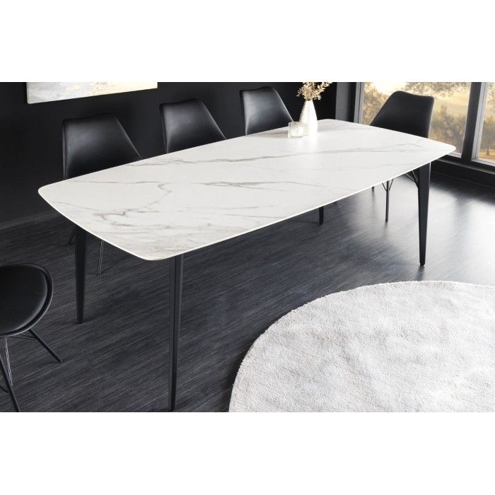 Eettafel HEXA 160 cm - Blad van wit marmer-effect keramiek en zwarte metalen structuur