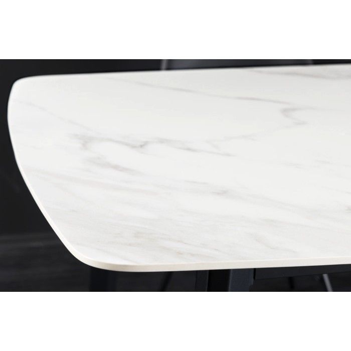 Eettafel HEXA 160 cm - Blad van wit marmer-effect keramiek en zwarte metalen structuur