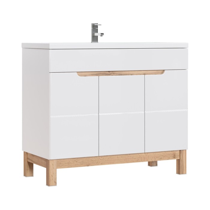 Badezimmer-Set ERMANO: Waschtischunterschrank 100cm + Einbauwaschbecken + Siphon + Stauraum mit Spiegeln