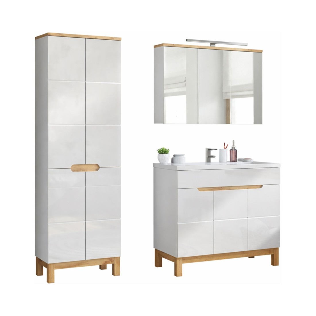 Badezimmer-Set ERMANO: Waschtischunterschrank 100cm + Einbauwaschbecken + Siphon + Stauraum mit Spiegeln