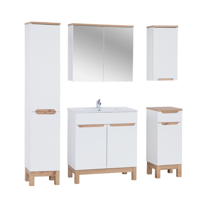 Set ERMANO: onderbouwmeubel 80cm + inbouwwastafel + sifon + kolom + opbergruimtes met spiegels