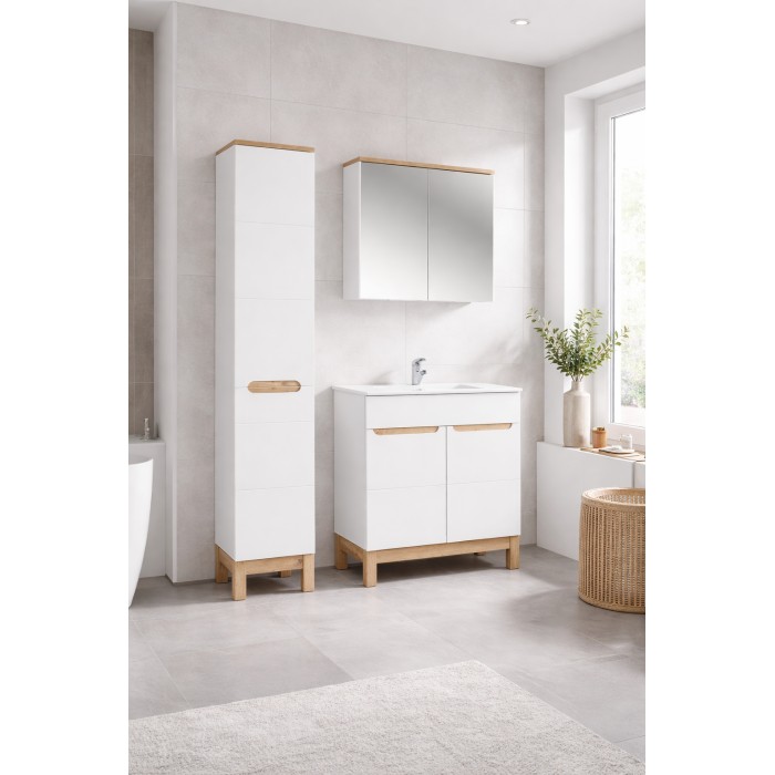 Set ERMANO: Waschtischunterschrank 80cm + Einbauwaschbecken + Hochschrank mit integriertem Wäschekorb + Stauraum mit Spiegeln