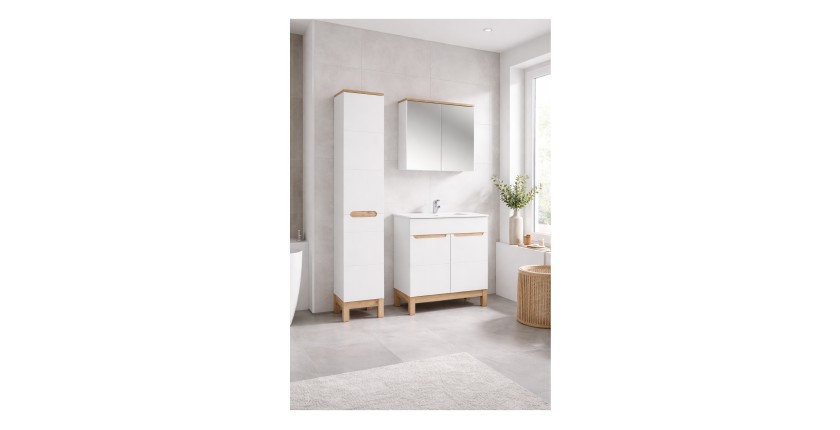 Ensemble ERMANO avec meuble sous vasque 80cm, colonne avec panier à linge intégré et rangement avec miroir mis en situation