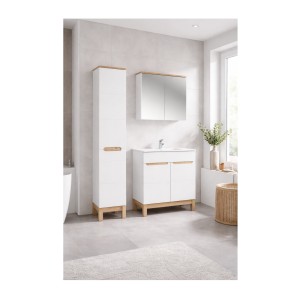 Ensemble ERMANO avec meuble sous vasque 80cm, colonne avec panier à linge intégré et rangement avec miroir mis en situation