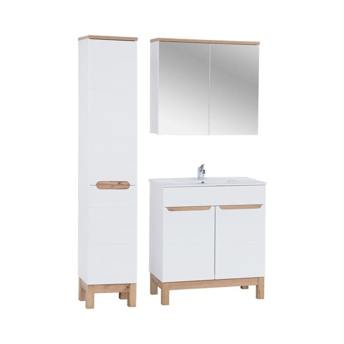 Set ERMANO: Waschtischunterschrank 80cm + Einbauwaschbecken + Hochschrank mit integriertem Wäschekorb + Stauraum mit Spiegeln