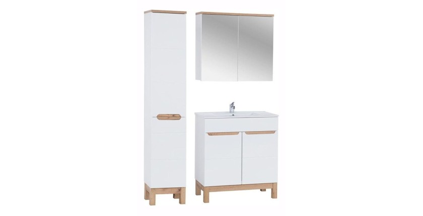 Ensemble ERMANO avec meuble sous vasque 80cm, colonne avec panier à linge intégré et rangement avec miroir
