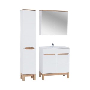 Ensemble ERMANO avec meuble sous vasque 80cm, colonne avec panier à linge intégré et rangement avec miroir