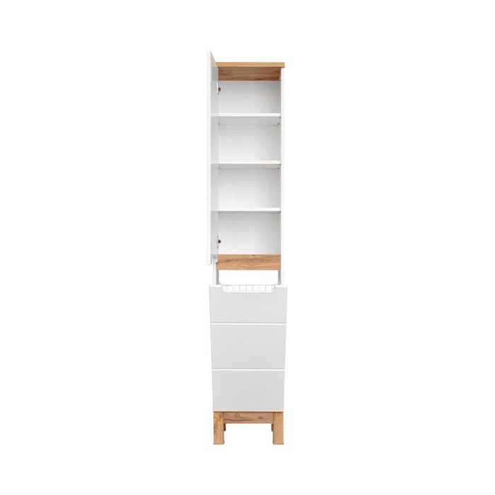 Set ERMANO: Waschtischunterschrank 80cm + Einbauwaschbecken + Hochschrank mit integriertem Wäschekorb + Stauraum mit Spiegeln