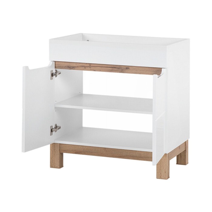 Set ERMANO: Waschtischunterschrank 80cm + Einbauwaschbecken + Hochschrank mit integriertem Wäschekorb + Stauraum mit Spiegeln
