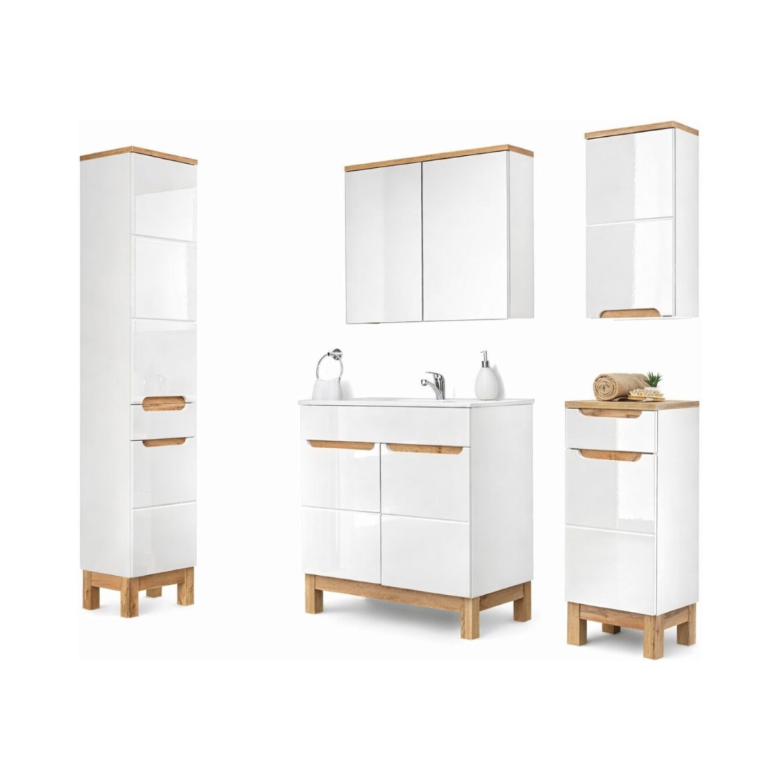 Set ERMANO: Waschtischunterschrank 80cm + Einbauwaschbecken + Siphon + Hochschrank + Stauraum mit Spiegeln