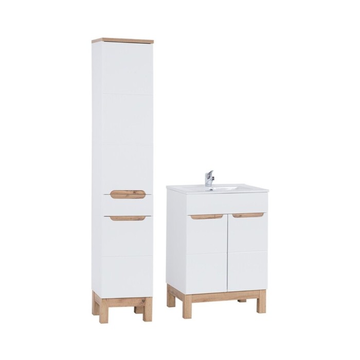 Badezimmer-Set ERMANO: Waschtischunterschrank 60cm + rechteckiges Einbauwaschbecken + Siphon + Hochschrank