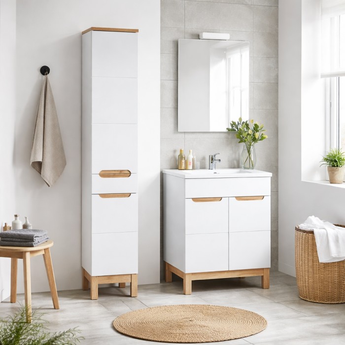 Badezimmer-Set ERMANO: Waschtischunterschrank 60cm + rechteckiges Einbauwaschbecken + Siphon + Hochschrank
