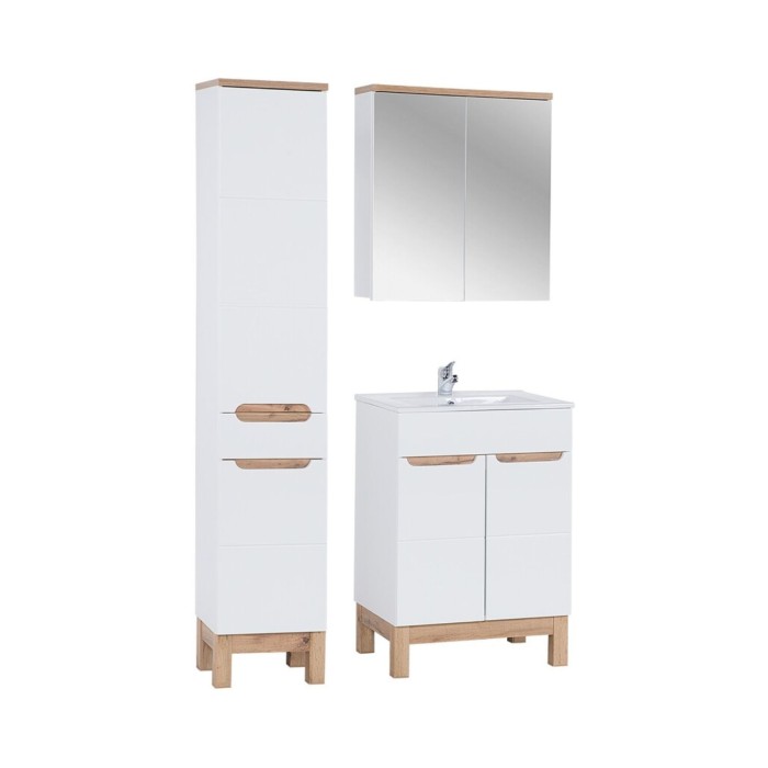 Set ERMANO: onderkast 60cm + rechthoekige inbouwwastafel + sifon + kolom + opbergmeubel met spiegels