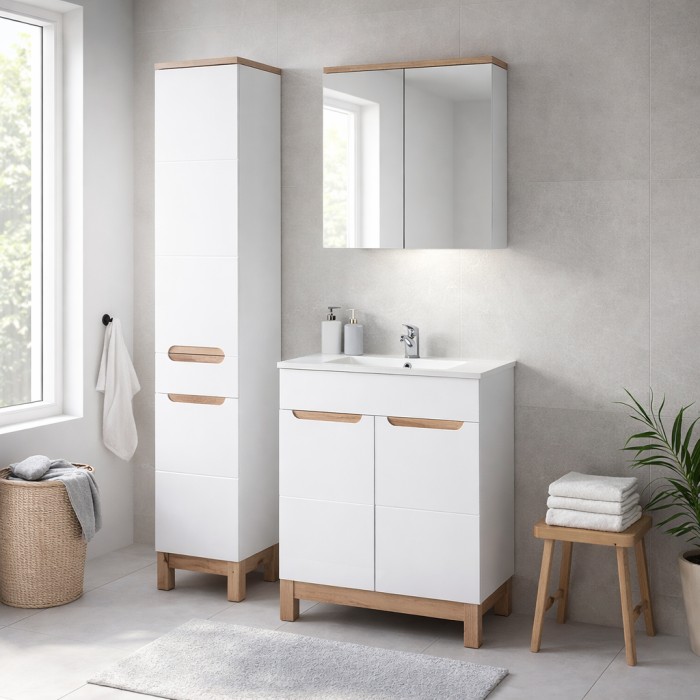 Set ERMANO: onderkast 60cm + rechthoekige inbouwwastafel + sifon + kolom + opbergmeubel met spiegels