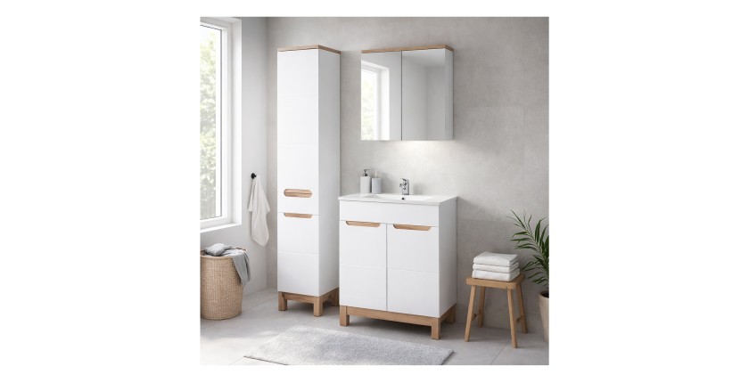Ensemble ERMANO : meuble sous vasque 60cm, colonne et rangements avec miroirs mis en situation