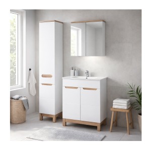Ensemble ERMANO : meuble sous vasque 60cm, colonne et rangements avec miroirs mis en situation