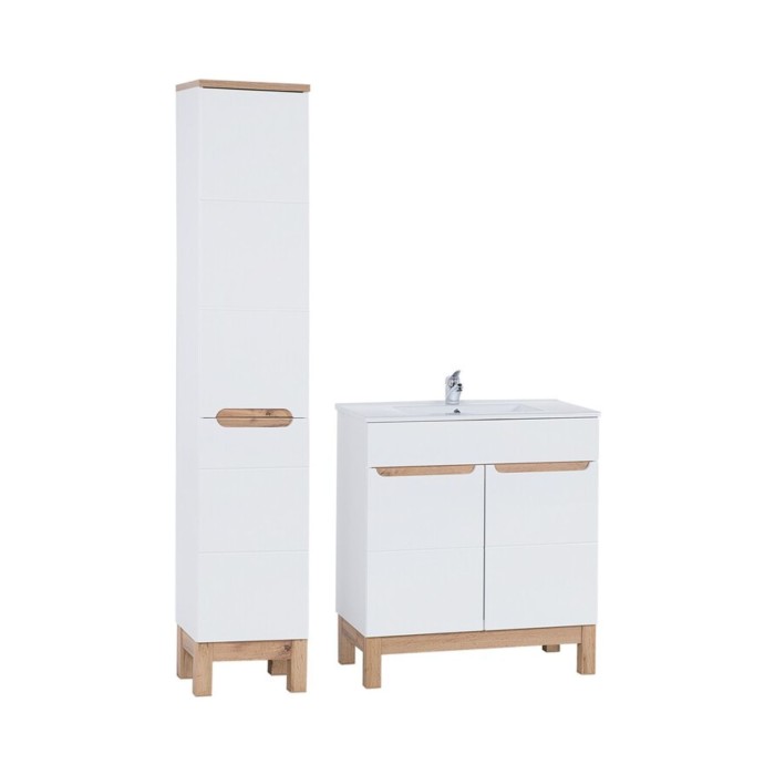 Badezimmer-Set ERMANO: Waschtischunterschrank 80cm + Einbauwaschbecken + Siphon + Hochschrank mit Wäschekorb